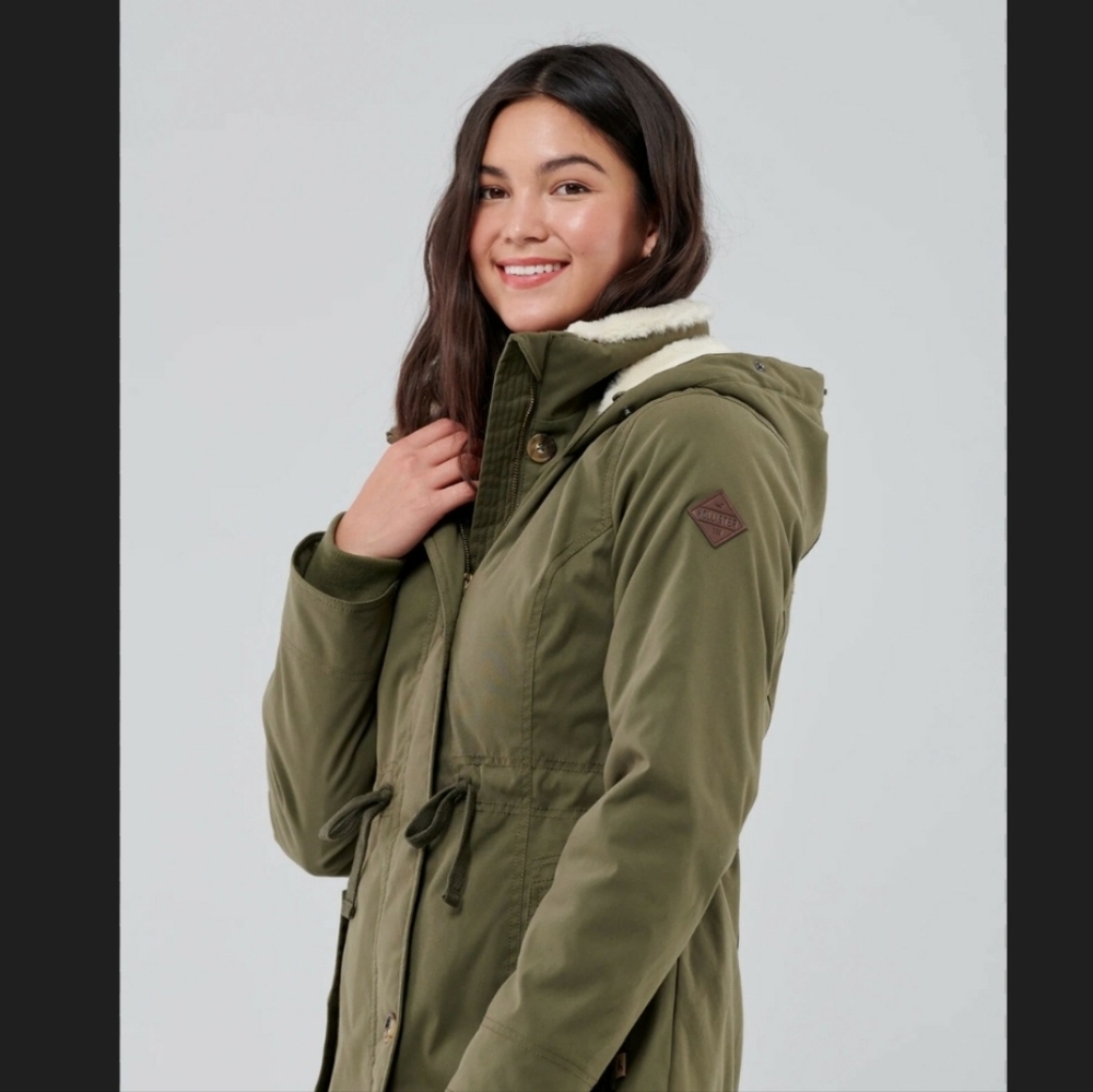Hollister Y2K Olive Green Teddy Lined Utility Hooded Parka Jacket Women's Size M
